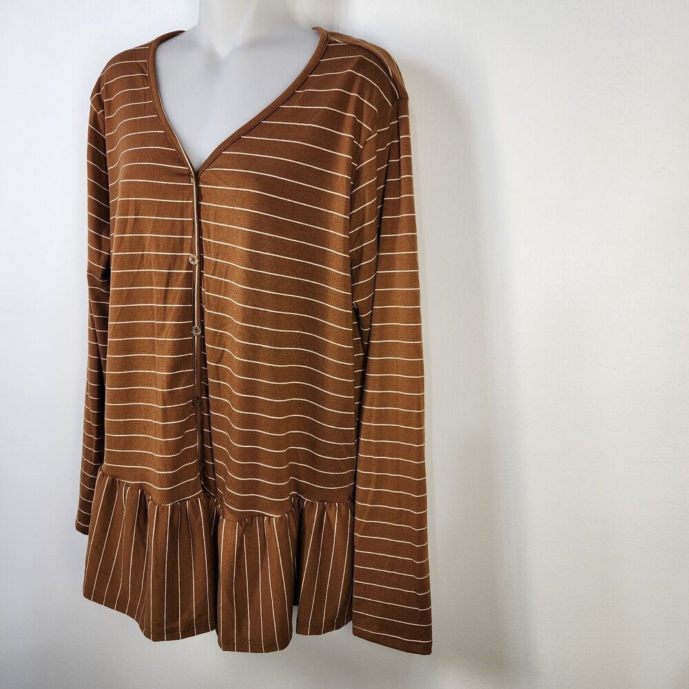 Pink Blush Womens Top Large Button V Neck Brown Striped Peplum Hem Long Sleeve - Picture 5 of 8